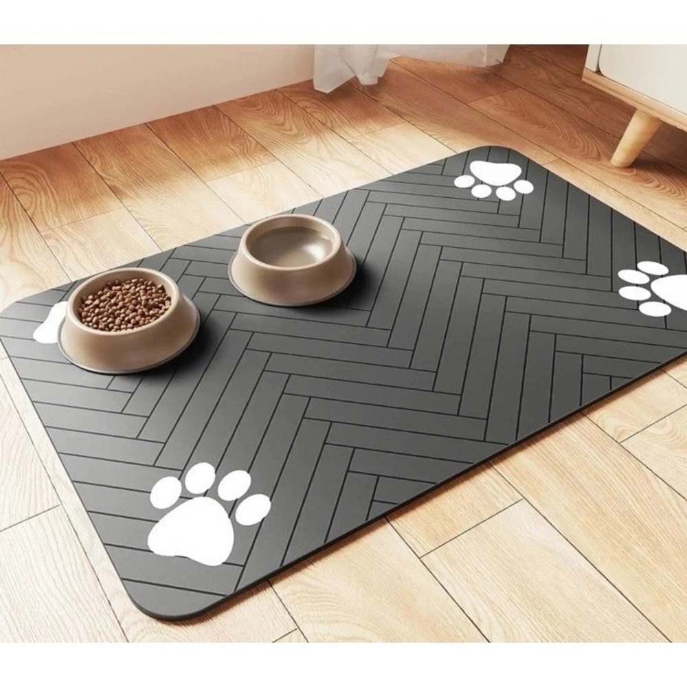 Grey Absorbent Paw Print Pet Food Mat Waterproof Herringbone Design 16x24"